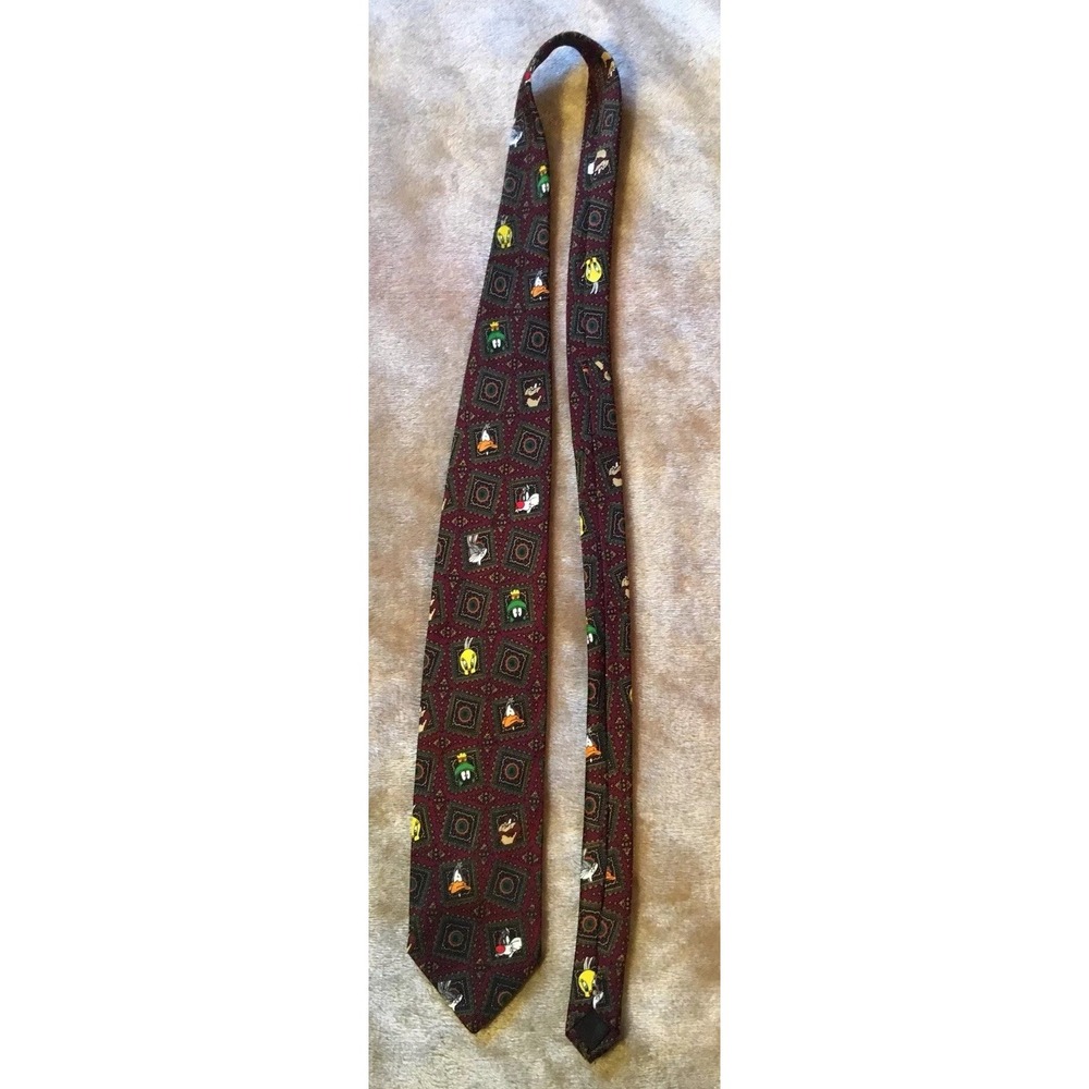 Vintage Looney Tunes Warner Bros Mens Neck Tie Burgundy Buggs Bunny Taz Tweety